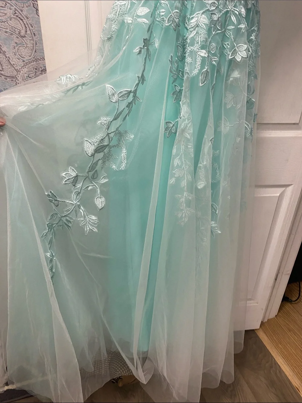 Aqua Floral Appliqué Tulle Gown
